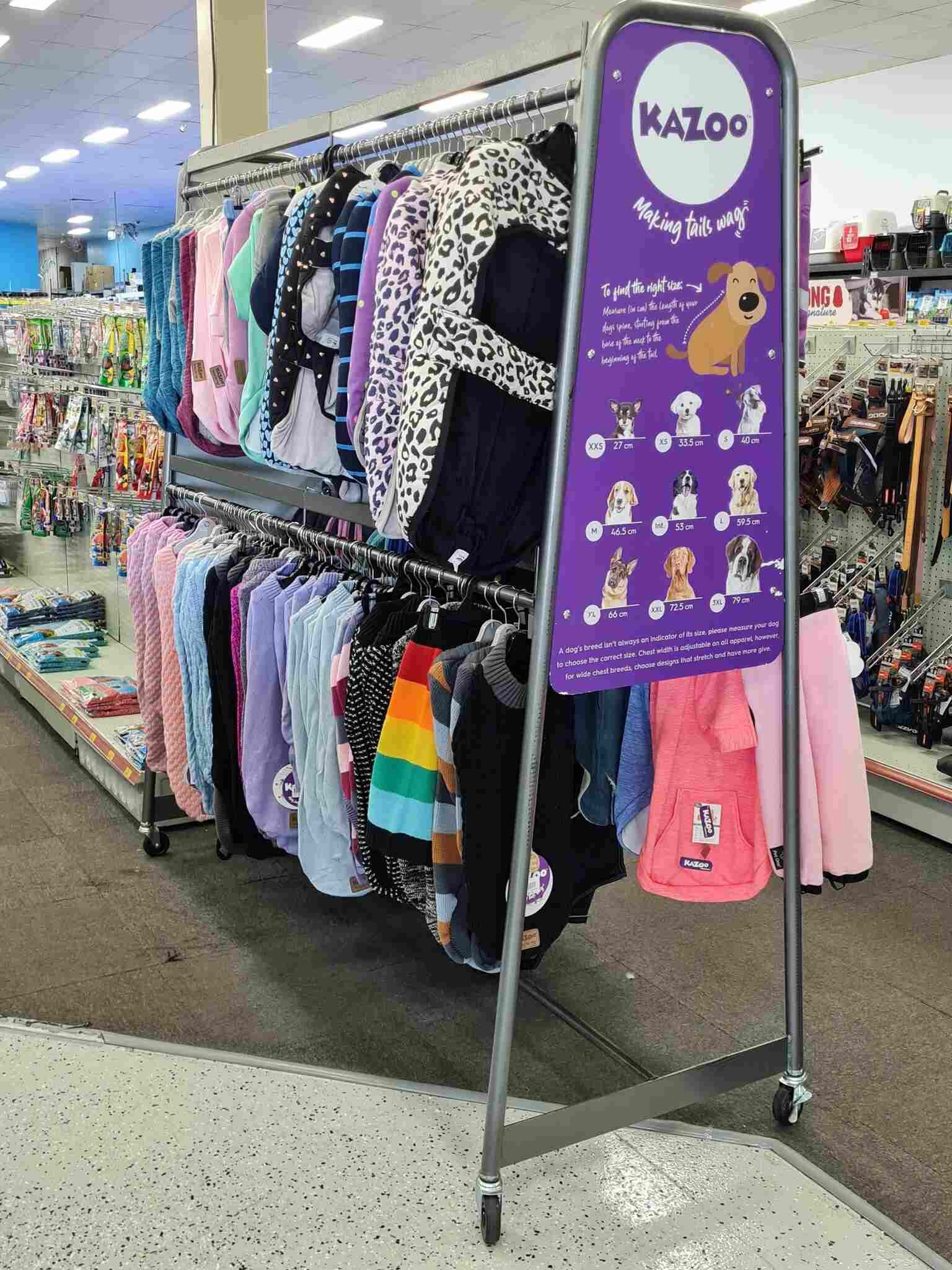 Display of Clothes in a Store With a Sign That Says Kazoo — Rocky Pet World in Norman Gardens, QLD
