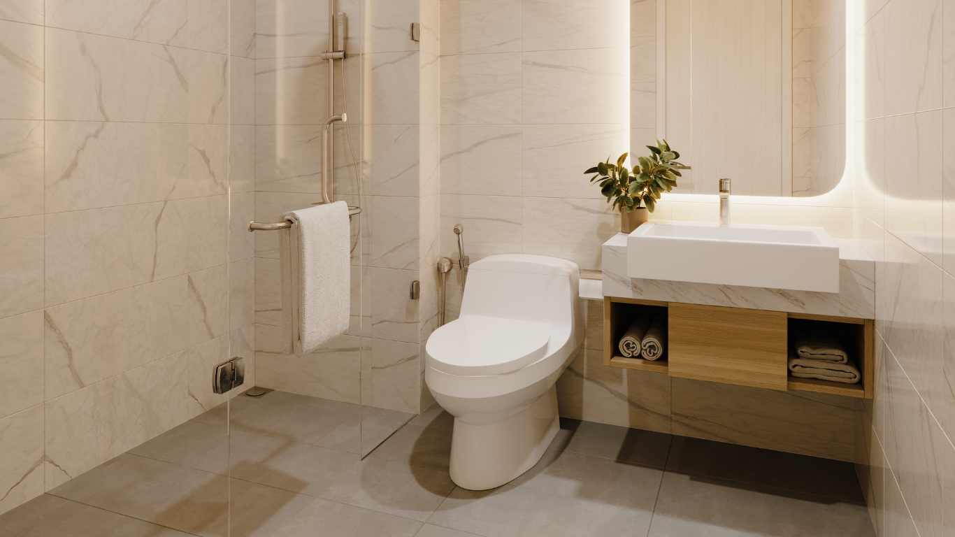 Modern, luxurious bathroom with marble-patterned walls, a white toilet, a rectangular sink, and a glass-walled shower.
