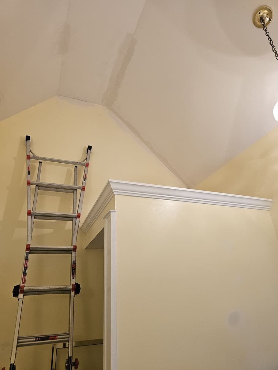 A ladder is leaning against a wall in a room