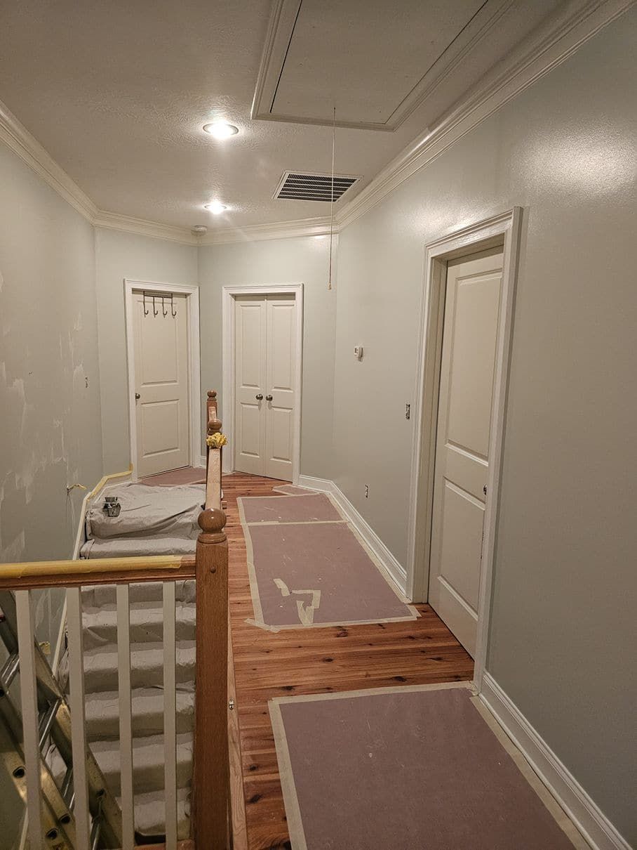 A hallway with wooden floors and white doors is being painted.