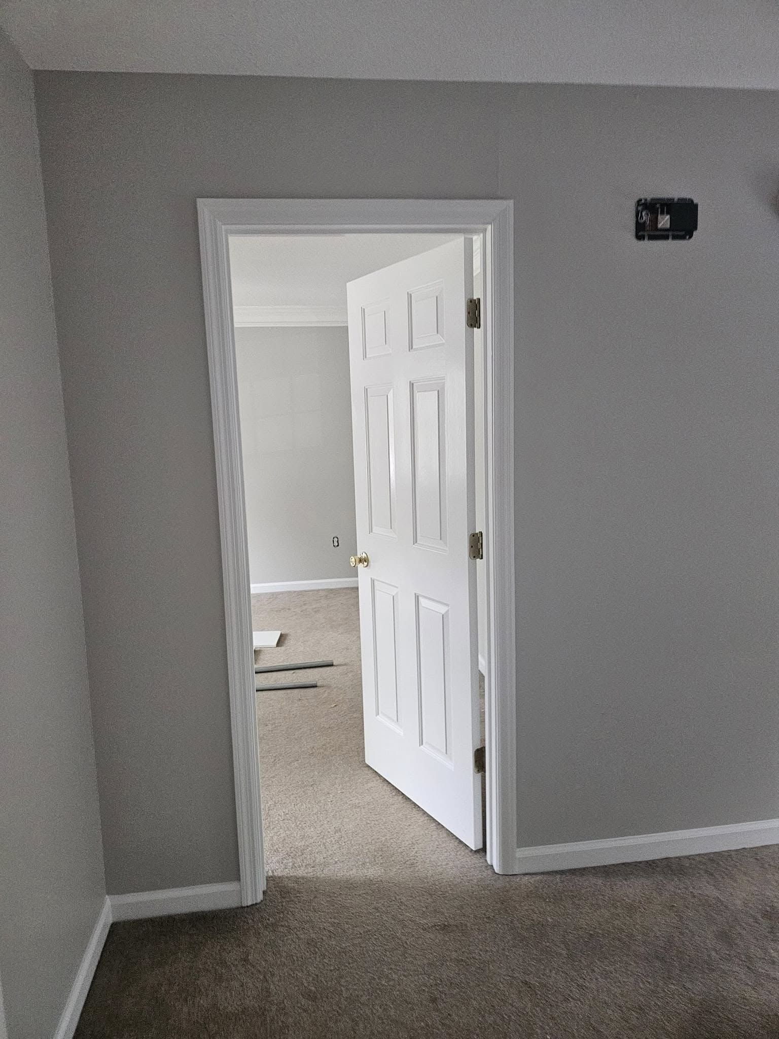 An empty room with a white door and a brown carpet.