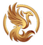 A golden phoenix is in a circle on a white background.