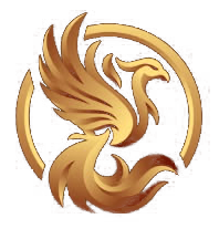 A golden phoenix is in a circle on a white background.
