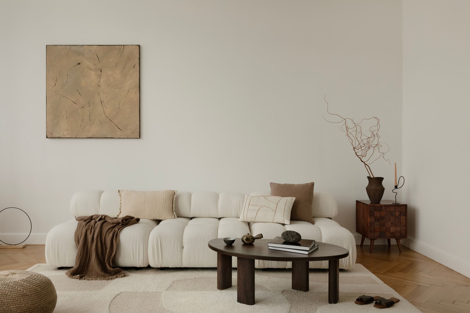 There is a couch and a coffee table in the living room.
