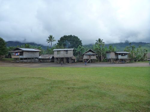 Image depicts the village of Kagi along the Kokoda Track. An open green space with four wooden homes on stilts with lush green rainforest in the background. 