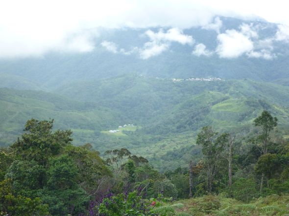 Image depicts Kagi Village amongst the lush green jungle seen from the hills, with clouds in the background. 