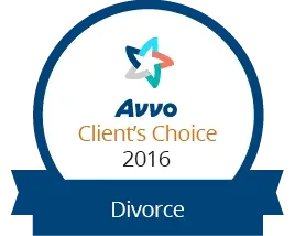 Avvo Client's Choice award for Divorce, 2016; blue and white emblem with star logo.