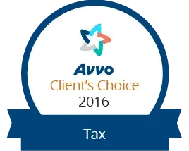 Avvo Client's Choice award for tax attorneys in 2016, blue and white badge.