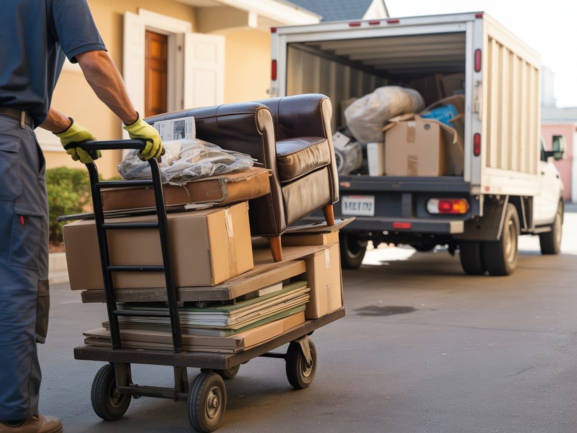 A mover loads a dolly with boxes and furniture, next to a moving truck.