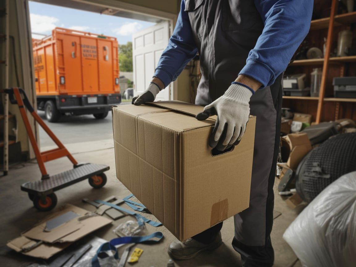 Man in work clothes carrying a cardboard box towards an orange garbage truck in a cluttered garage.