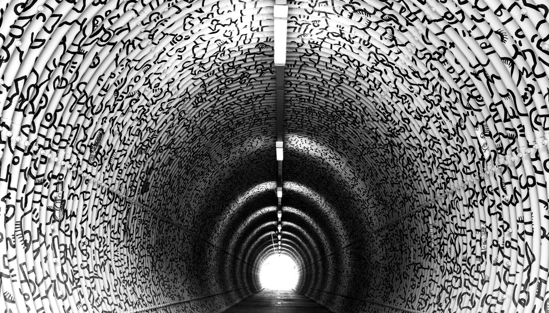 tunnel with black and white designs