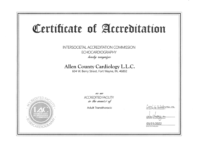 Accredited Adult Transthoracic Echocardiography Facility — Fort Wayne, IN — Allen County Cardiology