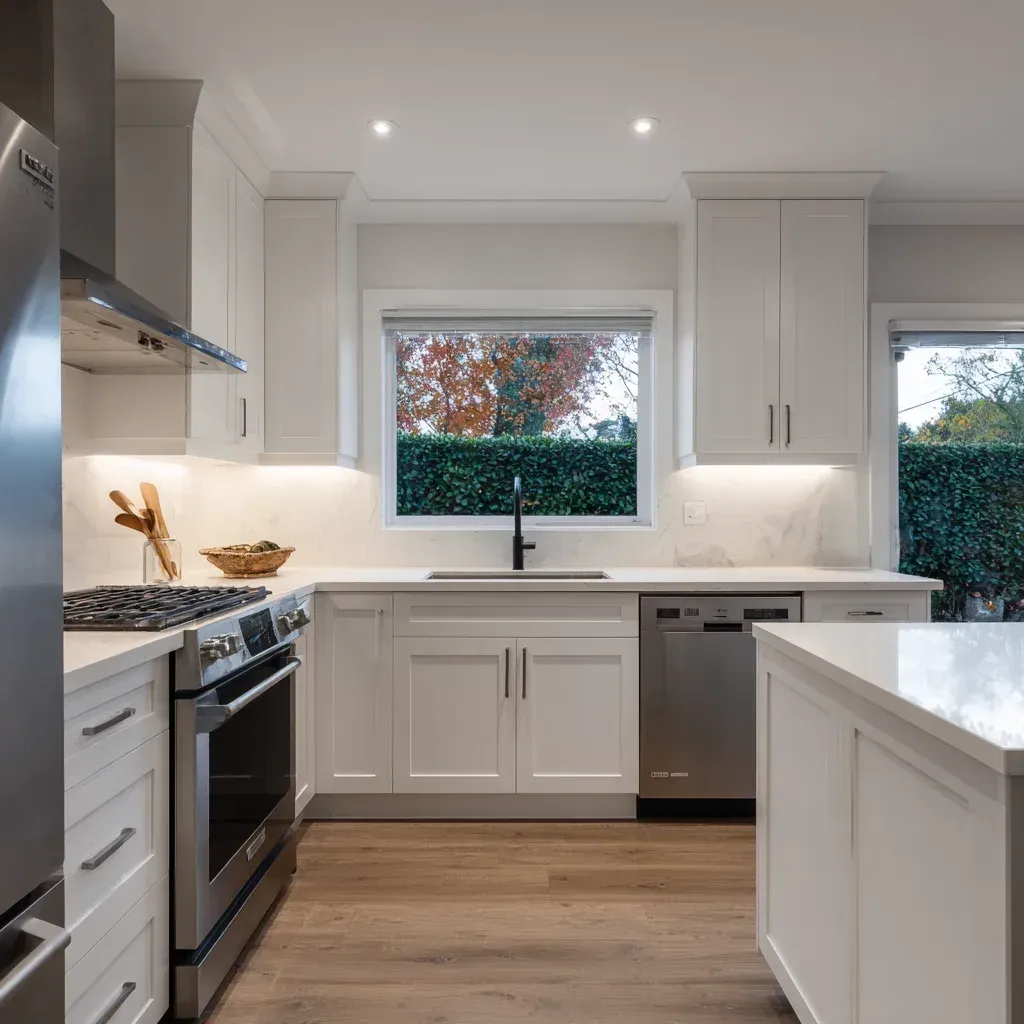 Residential kitchen renovation Vancouver BC with custom pantry cabinetry, granite countertops, tile flooring installation, and complete kitchen layout optimization.
High-end Vancouver kitchen remodeling project featuring marble slab countertops, hardwood flooring refinishing, and premium finish renovation craftsmanship.
Vancouver kitchen remodel transformation with custom island construction, quartz slab installation, backsplash tile enhancement, and open-concept layout expansion.
Full-service kitchen renovation Vancouver BC including demolition, cabinet replacement, quartz countertops, backsplash installation, and modern lighting upgrades.
Modern Vancouver kitchen renovation highlighting custom cabinetry, granite island extension, LED under-cabinet lighting, and contemporary kitchen design execution.
Professional kitchen remodeling Vancouver featuring marble backsplash installation, quartz countertops, hardwood flooring, and integrated appliance systems.