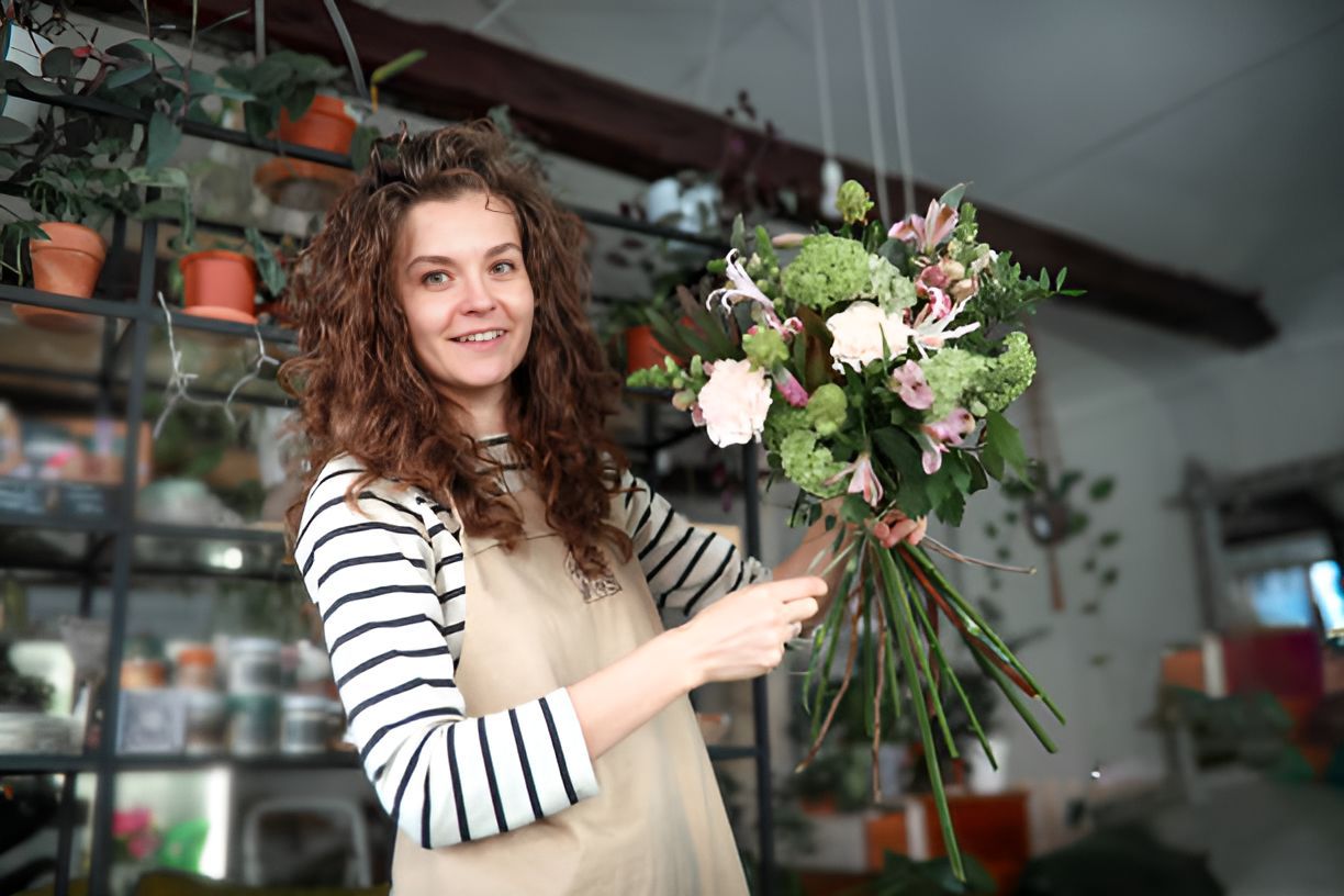 A Woman is Holding a Bouquet of Flowers in a Flower Shop — Greenfield Blooms and Gifts In Wanguri, NT