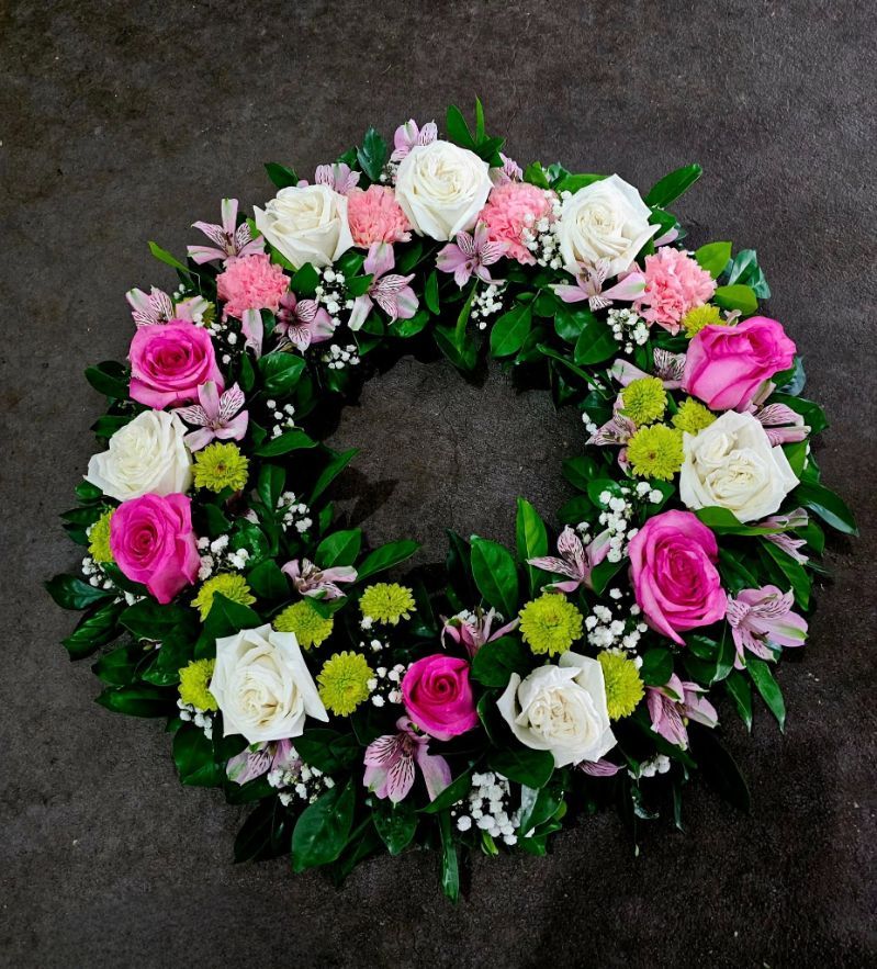 A Wreath of Pink and White Flowers With Green Leaves — Greenfield Blooms and Gifts In Wanguri, NT