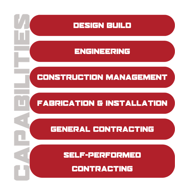 Industrial and Commercial Construction Capabilities are Design Build, Engineering, Construction Management, Fabrication & Installation, General Contracting and Self-Performed Contracting