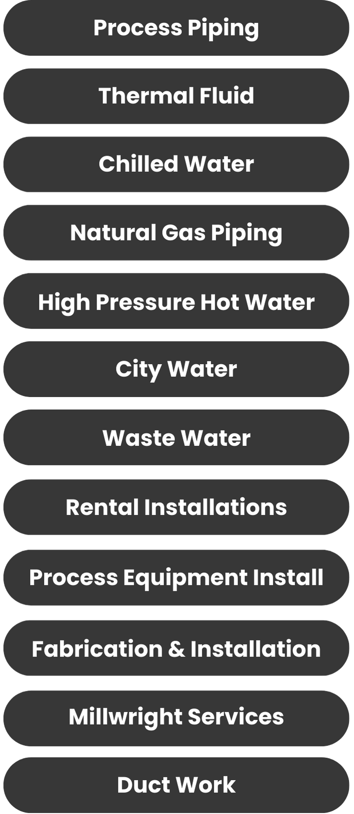 Industrial Mechanical Services: Process Piping, Thermal Fluid, Chilled Water, Natural Gas Piping, High Pressure Hot Water, City Water, Waste Water, Rental Installations, Process Equipment Install, Fabrication & Installation, Millwright Services, Duct Work