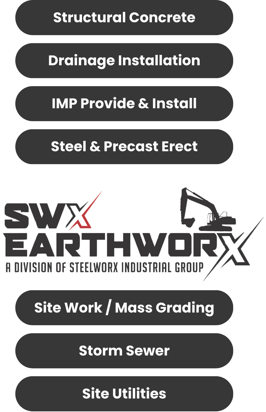 Commercial SWX CSA Capabilities SWX CSA Commercial Capabilities: Structural Concrete, Drainage Installation, IMP Provide & Installation, Steel & Precast Erect and SWX Earthworx offers Site Work / Mass Grading, Storm Sewer, Site Utilities
