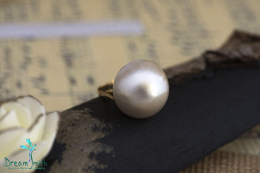 טבעת וינטג' זהב עם פנינה ענקית