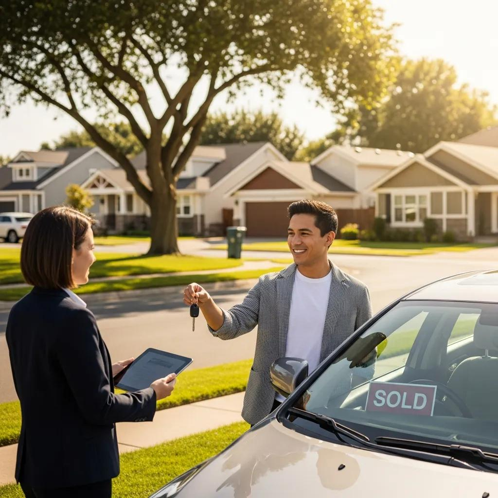 Woman handing car keys to a smiling man; 