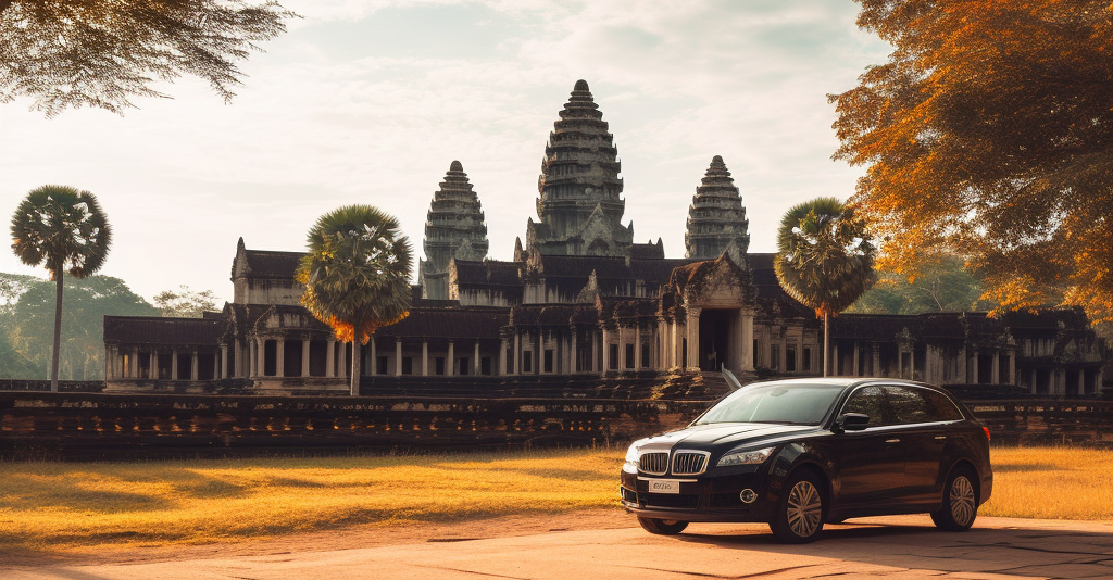 a black car is parked in front of a temple .