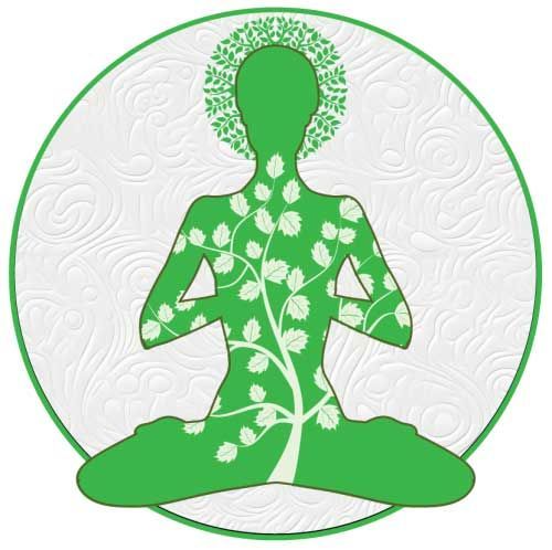 A green silhouette of a person sitting in a lotus position with a tree in the background.