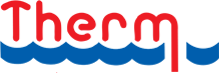Et rødt og blåt logo til virksomheden therm
