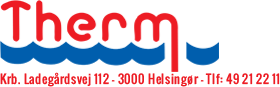 Et rødt og blåt logo til virksomhedens termo