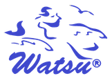 Et blåt logo for et firma kaldet Watsu med fugle der flyver rundt om det.