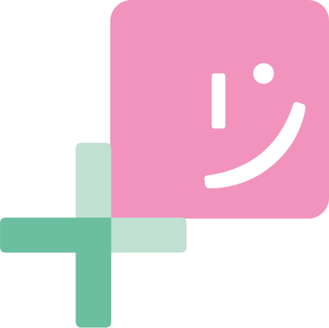 Roze vierkant met een lachend gezichtje en een overlappend groen plusteken.