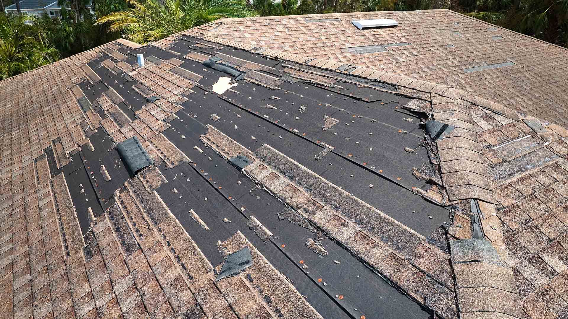 A roof with a lot of shingles that are missing