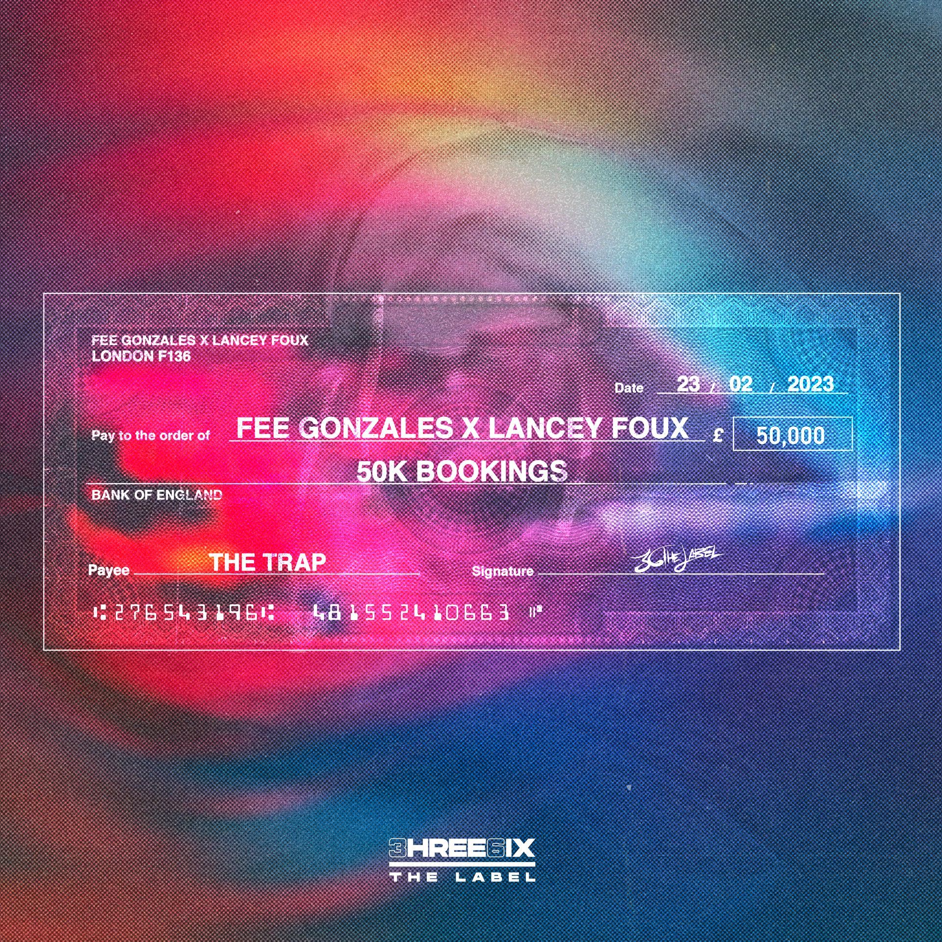 Mock check for 50K bookings by Fee Gonzales & Lancey Foux, from The Trap. Colorful background.