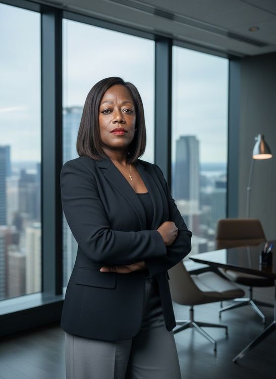 Professional woman standing in a modern office with arms crossed, city skyline visible through large windows.