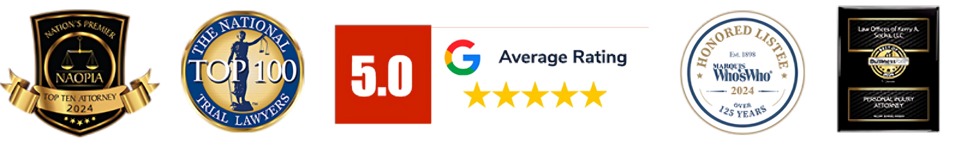 Logos: shield with banner, CLJ, 5.0 rating, Google rating stars, circular seal, business card.