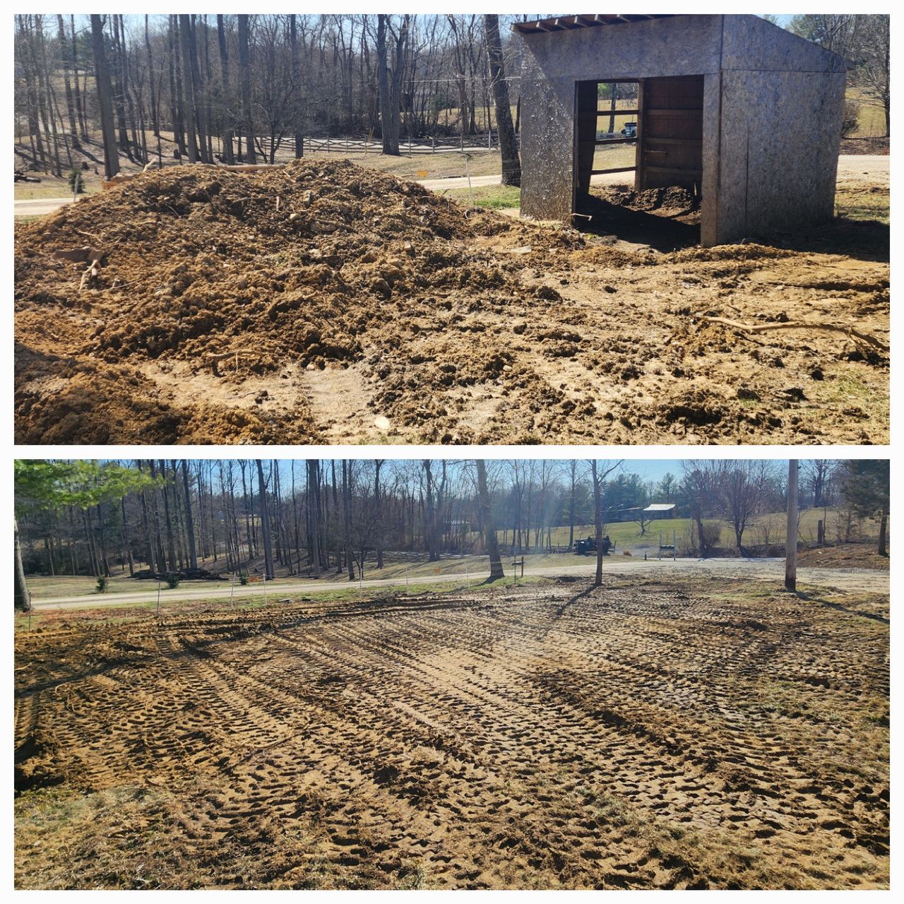 Before-and-after photos of a cleared area; a large wood chip pile next to a shed is leveled and spread across the ground.
