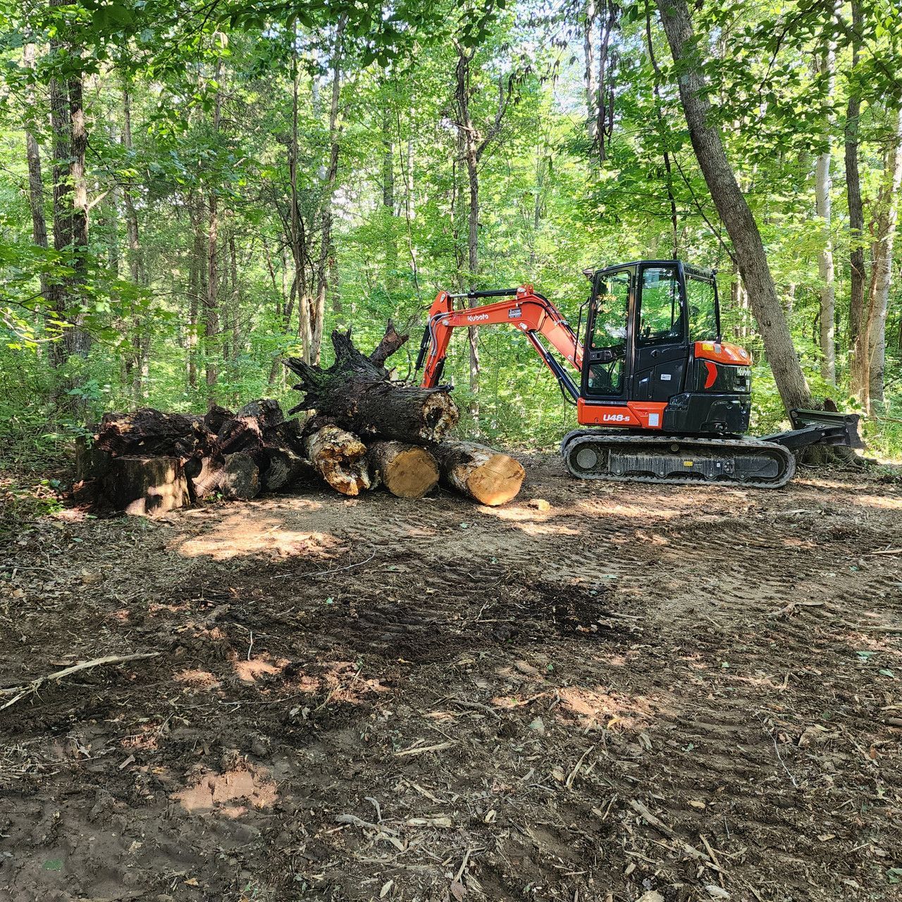An orange Kubota excavator parked in a forest clearing next to a pile of logs and tree stumps.