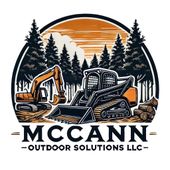 A logo for McCann Outdoor Solutions LLC featuring an excavator and skid steer in a forest setting with a sunset backdrop.