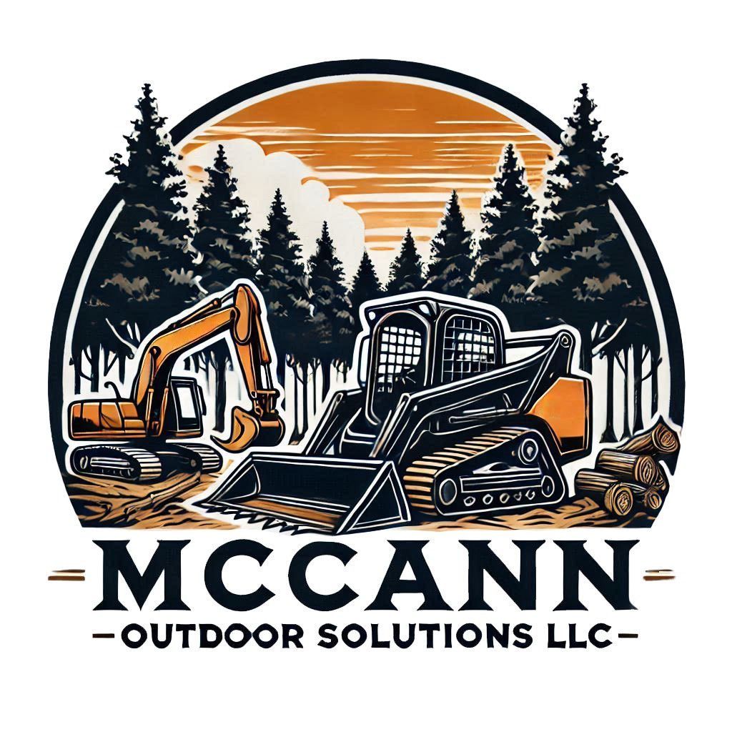 Logo for McCann Outdoor Solutions LLC showing construction machinery in a forest setting with a stylized orange sky.