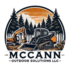Logo for McCann Outdoor Solutions LLC showing an excavator and skid steer in a forest setting with a sunset background.