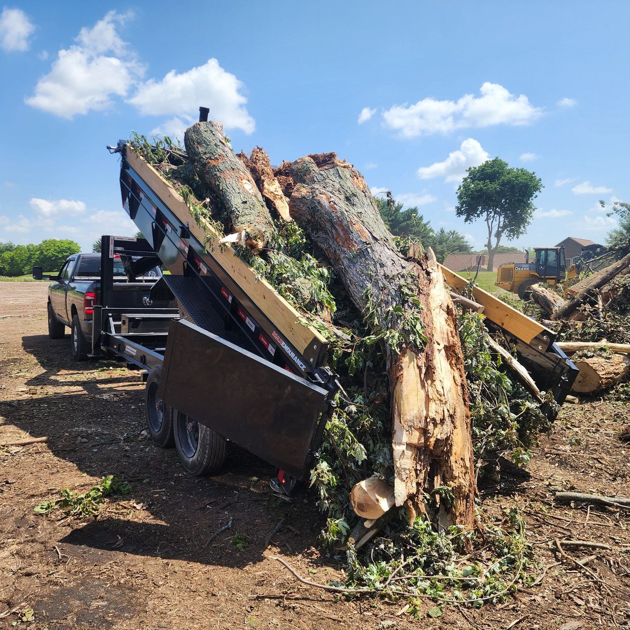 A black dump trailer hitched to a pickup truck, raised to unload large tree trunks and brush in a field.