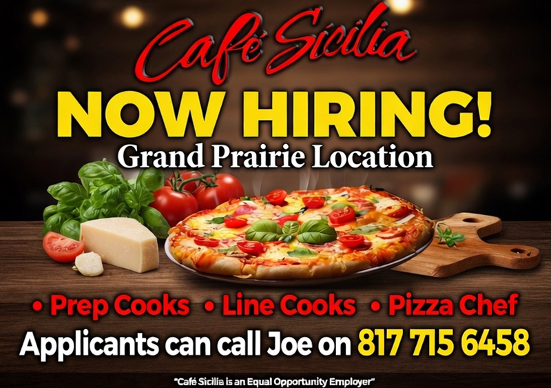 Cafe Sicilia now hiring Prep Cooks, Line Cooks and Pizza Chefs
