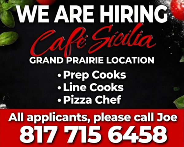 Cafe Sicilia Now Hiring all kitchen positions.