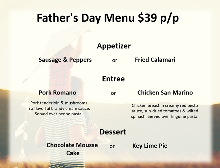 Father's Day special menu featuring elegantly plated gourmet dishes, rich flavors, fresh ingredients, and delightful desserts. A perfect way to spoil Dad!