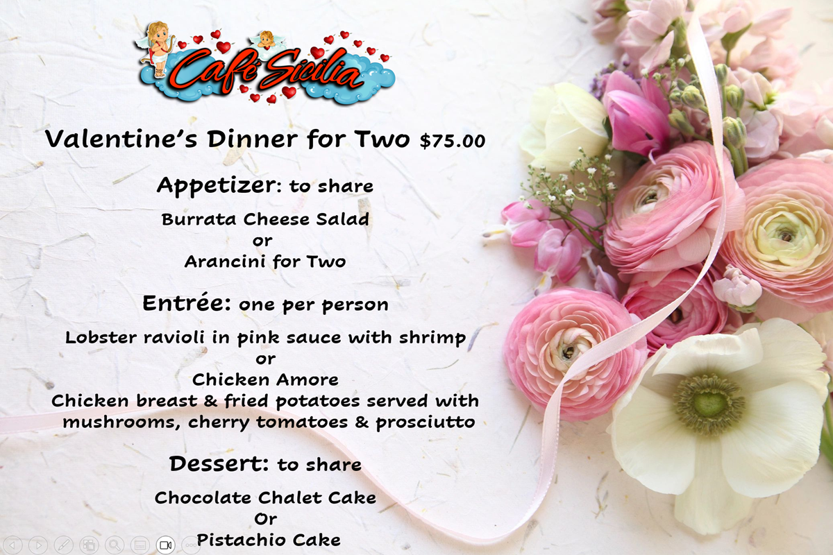 Valentine's Day special menu featuring elegantly plated gourmet dishes, rich flavors, fresh ingredients, and delightful desserts, perfect for a romantic dinner