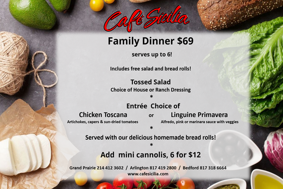 Family Meal. Choice of Baked Zito or Lasagna Meat Sauce.  Includes tossed salad and bread rolls all for only $69.00
 