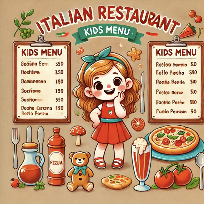 A delicious kids' menu featuring a variety of classic Italian dishes, including spaghetti with meatballs, cheese ravioli, creamy fettuccine Alfredo, and crispy chicken parmigiana. The colorful and appetizing assortment is perfect for young diners.”