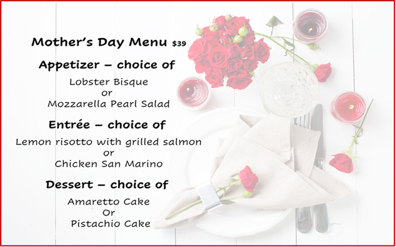 Mother's Day special menu featuring elegantly plated gourmet dishes, rich flavors, fresh ingredients, and delightful desserts. A perfect way to spoil Mom.