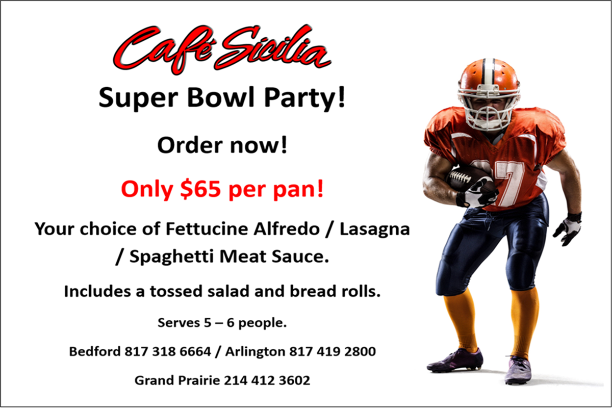 Super Bowl Special takeout menu from an Italian restaurant, showcasing a tempting array of Italian dishes perfect for game day.