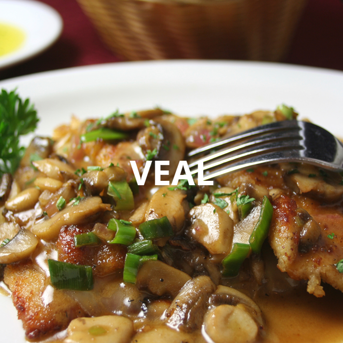 A sumptuous dish of veal marsala, featuring tender veal cooked in rich Sicilian marsala wine, accompanied by sautéed mushrooms and garnished with fresh parsley. The combination of the wine's deep flavor, the savory mushrooms, and the vibrant parsley creates a visually enticing and mouthwatering meal.