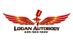 Logo for Logan Autobody featuring red wings and a paint spray gun, including the business name and phone number.